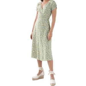 NWT & Other Stories Floral Printed Wrap Midi Dress 0 Linen Blend Green
